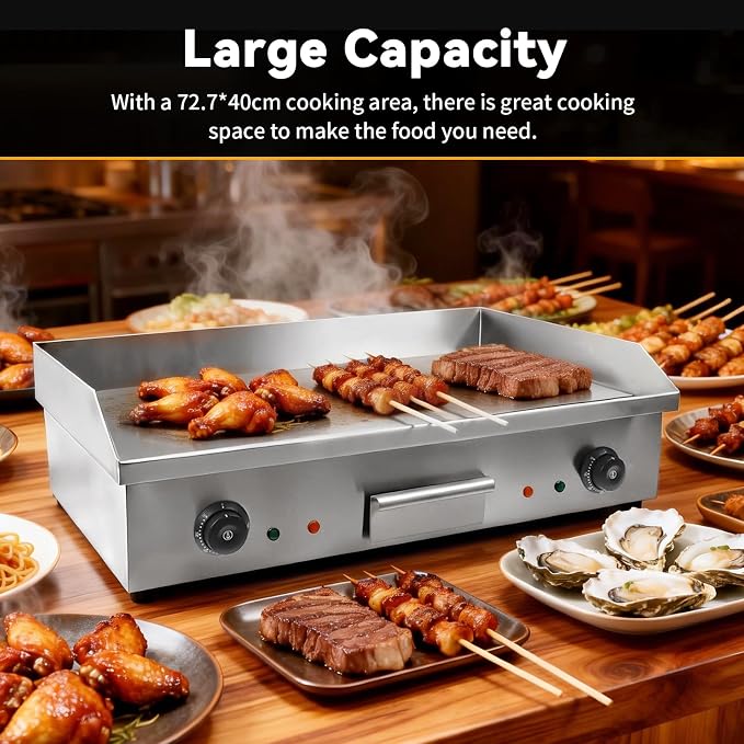 29 Inch Commercial Electric Griddle, 110V 3000W Double Control Electric Griddle Cooktop Flat Top Grill Stainless Steel Non-Stick Griddle Grill Temperature Adjustable 50-300℃ BBQ for Kitchen(NO PLUG)