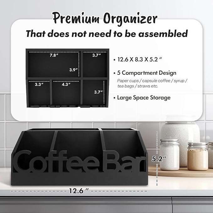 Coffee Bar Organizer Countertop, Wood Tea & Coffee Pod Station Caddy, Black | Tea Bags, Coffee Pods, Cups & Condiments