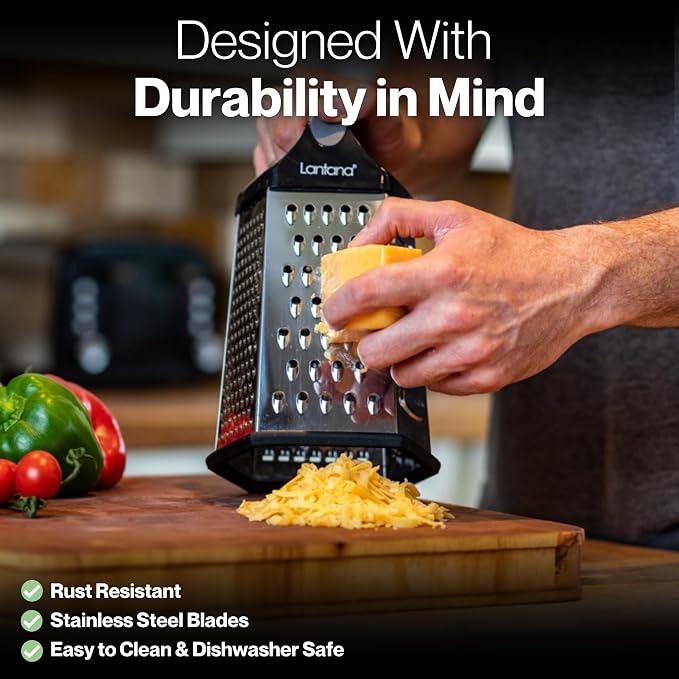 Cheese Grater with Container, Handheld Shredder, Zester (6 in 1) | 6 grating functions, coarse, medium, fine, micro, slicer blades, non-slip base, fitted measuring container with lid
