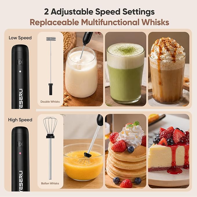 Rechargeable Milk Frother Handheld-2000mAh Battery | Frother Wand with Dual Detachable Whisk Heads, 2 Speeds, IPX6 Waterproof Drink Mixer & Stand for Latte, Cappuccino, Matcha