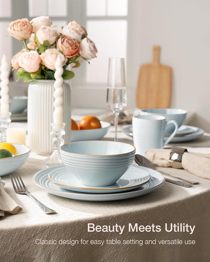 Famiware Jupiter Stoneware Dinnerware Sets for 8, Rimmed Plates and Bowls | 24-Piece Ceramic Speckled Dish Set, Chip & Scratch Resistant, Microwave & Dishwasher Safe, Rustic Modern Style, Neutral Blue