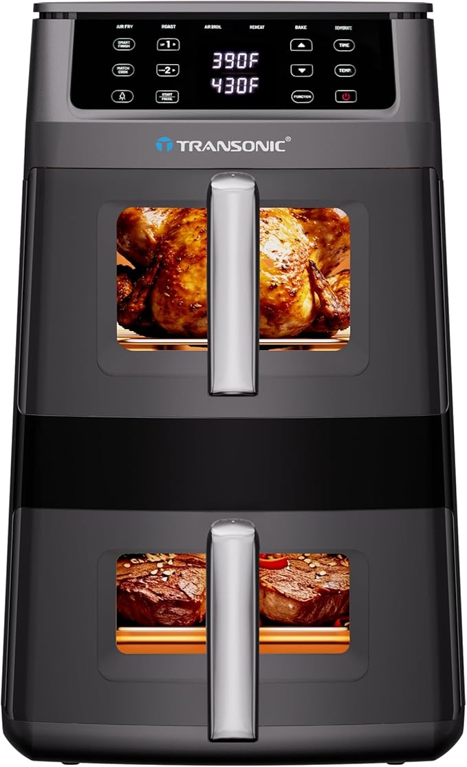 11QT Large Double Air Fryer, family size Dual Basket | Deep Top & Long Bottom for Whole Chicken & Ribs, 430°F High-Heat Broil, 360° Rapid Circulation, 6 in 1 Preset Function