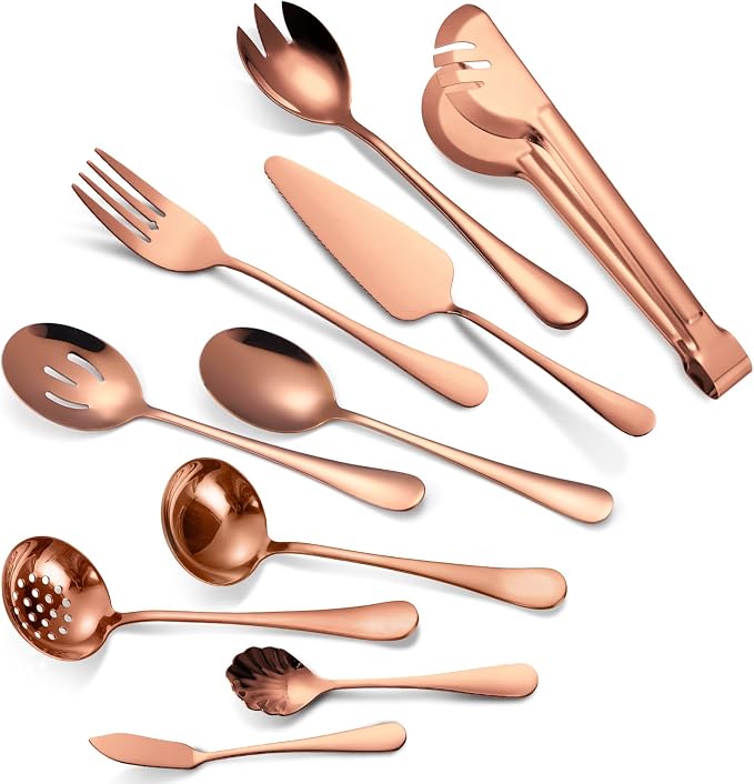 Rose Gold Serving Utensils Set 10 Pieces Copper Stainless Steel Catering Silverware Flatware Buffet Restaurant Banquet Include Fork Big Spoon Hostess Ladle Spatula Food Tong Cheese knife