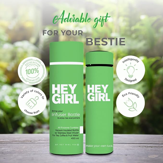 Hey Girl Tea Infuser Bottle 450ml - Insulated Stainless Steel Water Bottle - Tea Tumbler with Tea Diffuser - Portable Travel Mug for Loose Leaf Tea & Infused Water - Tea Lovers Gifts for Women