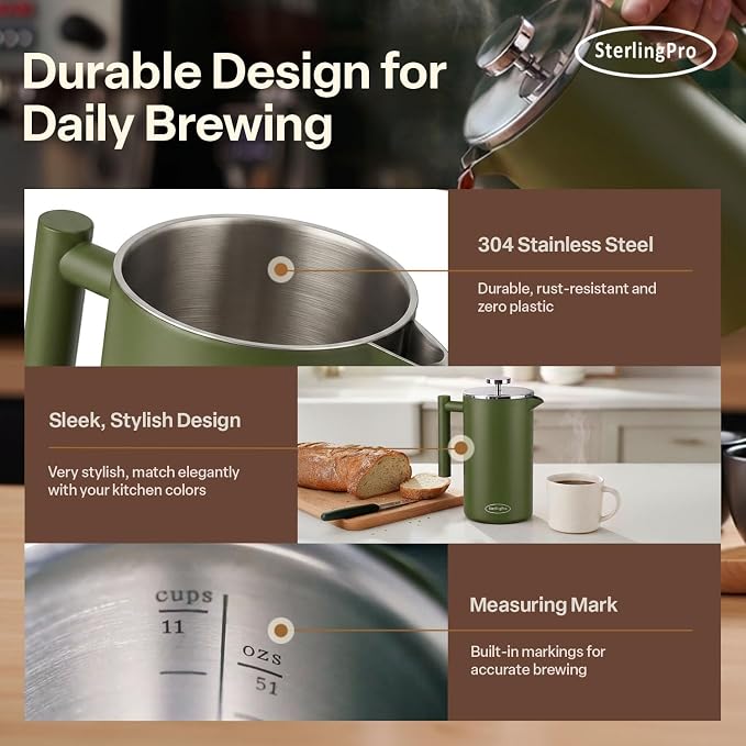 SterlingPro Large Insulated Stainless Steel French Press Coffee Maker 51oz Capacity (44 oz Brew Yield) – Double Wall Metal Coffee Press | Plastic Free | Cool-Touch | Green Finish | 12 Cups / 6 Mugs