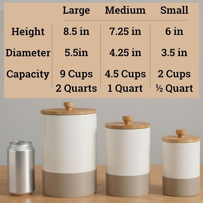 Ceramic Kitchen Canisters for Countertop Set of 3 w/Airtight Bamboo Lids | Thick Sturdy Ceramic, Matte Finish, Airtight Easy Open Bamboo Lids, Comfortable Bamboo Handles, Jar Volumes: 2, 1, 0.5 quarts