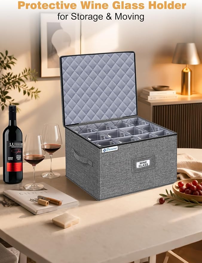 Wine Glass Storage Box for 24 Glasses, Hard Shell Stackable Moving Case | Hard shell side and bottom support with padded dividers for crystal glasses, stemware and drinkware; stackable for moving