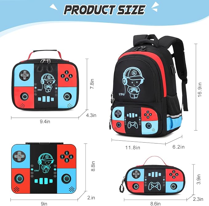 Backpack for School Boys, Cool Luminous Gamer Boys Schoolbag | with Lunch Box & Pencil Case Set for Kids Teens Elementary Middle School, Bookbag Glow In The Dark