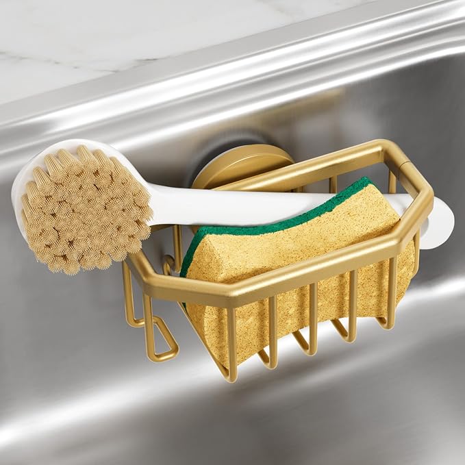 TAILI Sponge Holder for Kitchen Sink with Suction Cup-Gold, Aluminum | Rustproof Aluminum Sink Caddy for Sponges,Brushes,Stoppers & Scrapers,Removable Ventilated Quick-dry Design, holds Up 11lbs