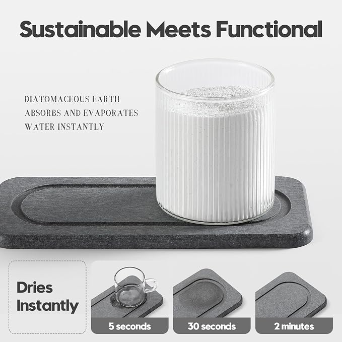 2Pack Diatomite Stone Coasters Water Absorbing Sink Tray for Kitchen & Bathroom Counter, Quick Dry Soap Dish Vanity Caddy, Dispenser Sponge Holder Space Organizer, Dark Gray - 8"x 3.8"