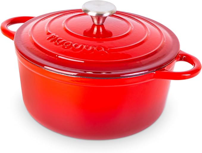 Cast Iron Pot with Lid - Non-Stick Ovenproof Enamelled Casserole Pot, Oven Safe up to 500° F-Sturdy Dutch Oven Cookware-Red, 5-Quart, 24cm-by Nuovva