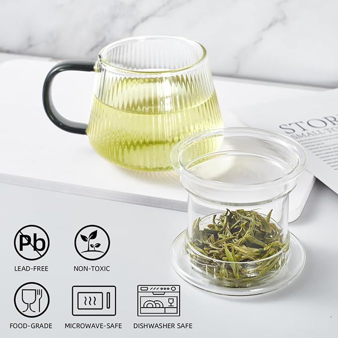 Glass Tea Infuser Cup with Lids and Handle for Blooming & Loose Leaf, 14oz | Borosilicate, Heat Resistance, Lead-free, Microwave & Dishwasher Safe