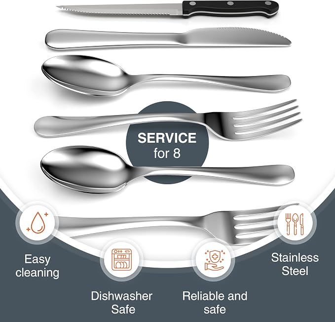 49 Piece Silverware Set - Service for 8 - Stainless Steel Flatware serving set - Cutlery Set - Knife, Fork, and Spoon - Kitchen Utensils set - Dishwasher Safe - Stunning Polished Finish