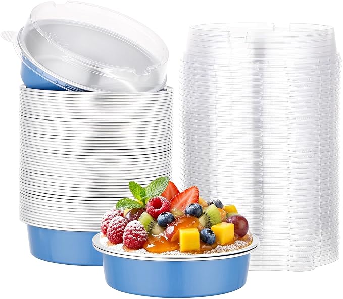 Beasea Mini Tart Pans with Lids 50 Pack, 4" 7.3oz Disposable Aluminum Foil Baking Tins Cups Round Pie Container for Individual Cupcake Dessert Muffin Cheesecake Quiche - Zebra Stripes