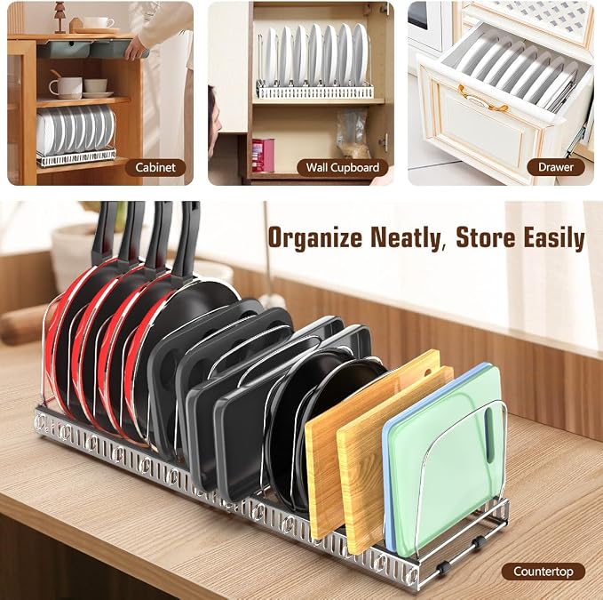 Housolution Cutting Board and Baking Tray Cookie Sheet Organizer, Silver | 12"-23" Expandable, 14 Adjustable Dividers, Sturdy Metal Construction, Easy Assembly