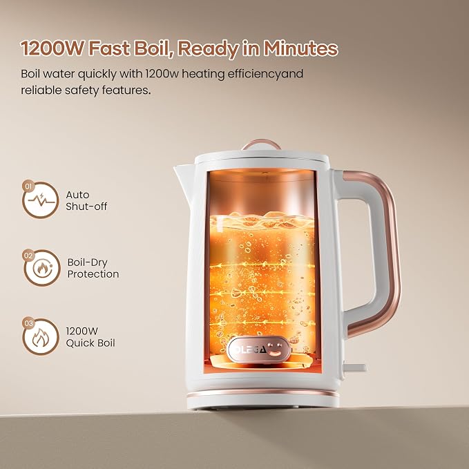 OLEGA Electric Kettle: 1200W Fast Boil Tea Kettles with Tea Infuser 1.5L | Stainless Steel Kettle; Electric Water Kettle with Strainer; Plastic Free Teapot; Auto Shut-Off Water Boiler