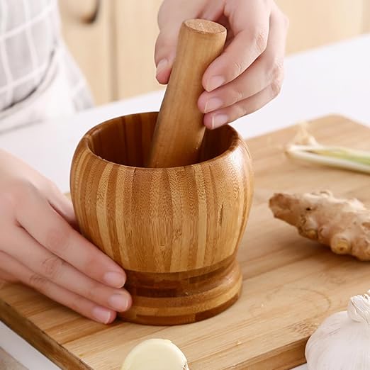 Wooden Pestle and Mortar Bamboo Bowl Set Guacamole Bowl Shell Garlic Pepper Press Mincer Grinder Chopper Crusher Molcajete Mixer for Guacamole,Herbs,Spices,Garlic,Medicine Pills,Seeds - Medium