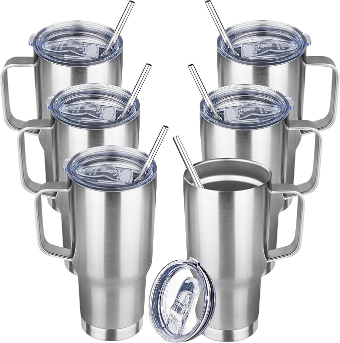 20 oz Tumbler with Handle Stainless Steel Insulated Coffee Tumbler with Lid and Straw Double Wall Vacuum Insulated Coffee Mug Leak Proof Travel Mug Tumbler for Hot and Cold Drink (Silver,6pack)