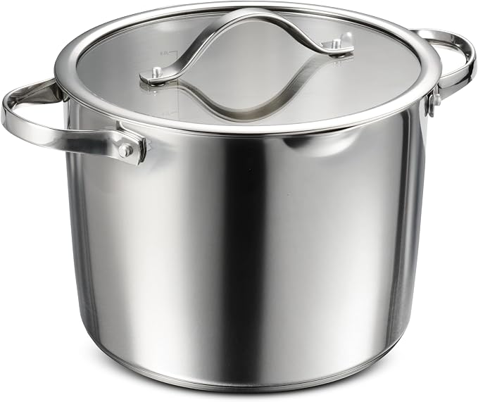 Tramontina Tempo Tri-Ply Base Stainless Steel 8-Qt Stock Pot with Lid | Induction-Ready Pasta Pot, Oven-Safe, Dishwasher-Safe