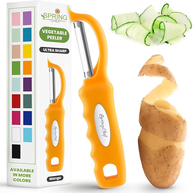 Spring Chef Swivel Potato Peeler for Kitchen w/ Soft Grip Handle, Mango | Premium Vegetable Peeler w/ Sharp Stainless Steel Blades, Multifunctional Food Peeler for Apple, Carrot, Cucumber, Fruit