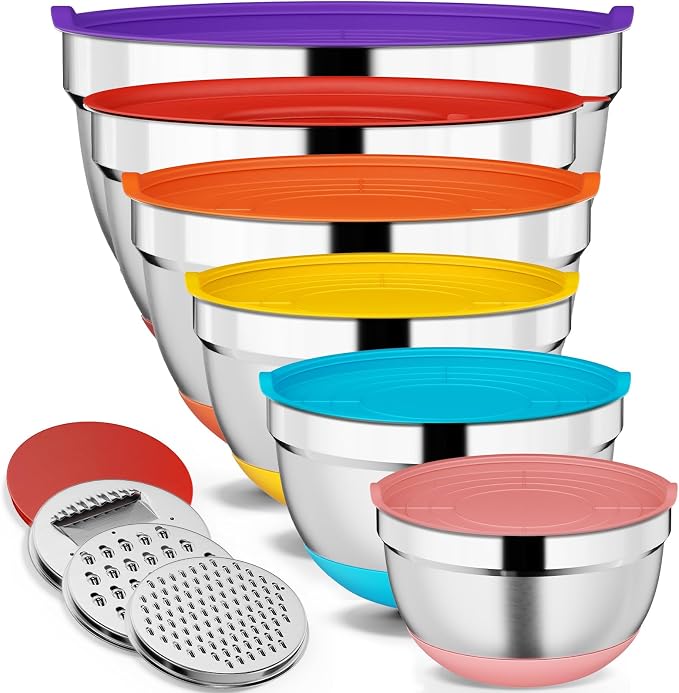 9 Pack Mixing Bowls with Airtight Lids & Grater Attachments, Multi | Stainless Steel Bowl, Non-slip Bases, Nesting Kitchen Bowl, Size 5, 4, 3, 2, 1.5,1QT,for Food Prep, Baking, Storage & Serving