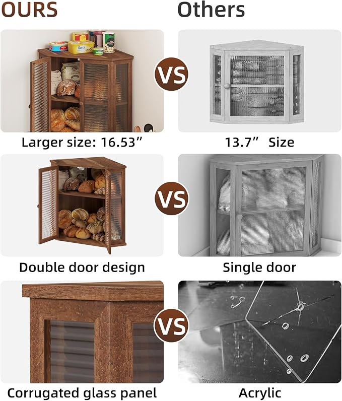 Extra Large Acacia Wood Corner Bread Box for Kitchen Countertop, 16.5 Inch Wooden Breadbox with Glass Wavy Door, Durable Grain Finish, Farmhouse Style Design (Acacia Wood)