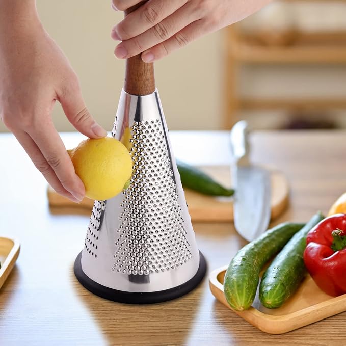 Cone Cheese Grater with Handle - Stainless Steel Triple Function Wood Handle Parmesan Shaver Non-Slip Rubber Bottom Hand Held Multifunction Vegetables Cheese Grater with container(S: 7.7" X 3.5")