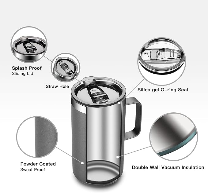 KXIAOCHEN 20 oz Insulated Coffee Mug, Coffee Cup with Lid and Wide Handle | 18/8 stainless steel, 6+ hours hot or 12+ hours cold, wide mouth, no-sweat exterior, for office, work, home and camping