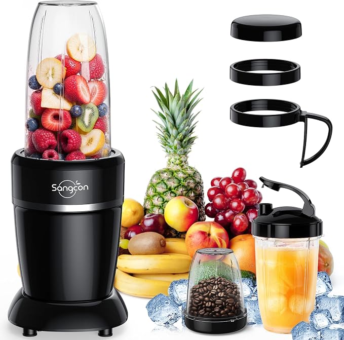 Sangcon 1000W Personal Smoothie Blender, Protein Shakes, Home & Gym, Black | 37/32/22 oz BPA-Free To-Go Cups with 6-Leaf Blade, Frozen Fruit, Ice Crushing, Baby Food, Sauces, Dips, Coffee, Nuts, Spices