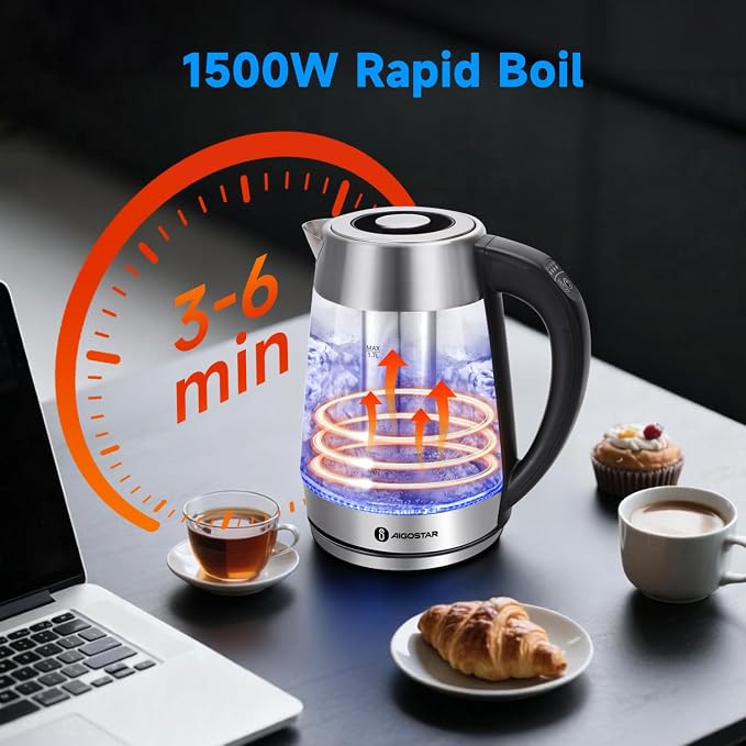 Aigostar Electric Kettle with Temperature Control and Tea Infuser | 1500W, 1.7L Hot Water Kettle with Variable Temperature, Keep Warm Function, LED Indicator Light Change, Auto Shut-Off