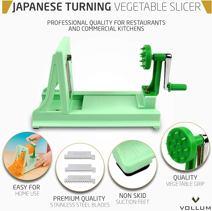 Vollum Vegetable Spiralizer with 4 Blades Straight and Serrated | Includes 1 straight-edged and 3 serrated blades. Spiralizes zucchini, squash, and butternut squash into fresh veggie noodles.