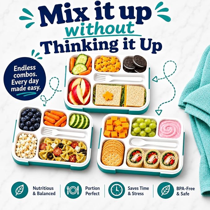 Bento Lunch-Box Set for Kids includes Snack Container | 6 and 3 Compartment Boxes Leakproof School Bentos or Meal Portion Control Containers BPA Free, Boys Girls Adults, Teal Large + MINI 2 pack