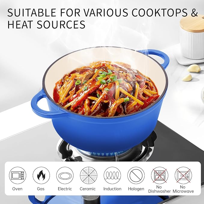6 Quart Enameled Cast Iron Dutch Oven Pot with Lid Cobalt Blue | Oven Safe up to 500°F or on Stovetop, Non-stick Dutch Oven for Bread Baking, Cooking, Dual Handles Cookware