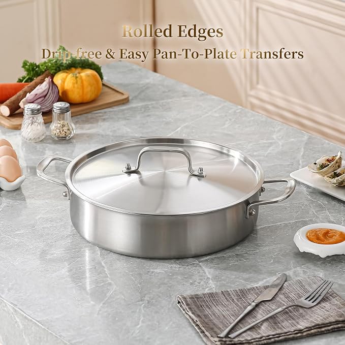 DELARLO 8QT Saute Pan Jumbo Cooker Tri-Ply Stainless Steel Pan | 13 Inch Deep Frying Pan with Steel cover, Kitchen Large Skillet, Heavy Duty Style Compatible with All Cooktops Up to 650℉