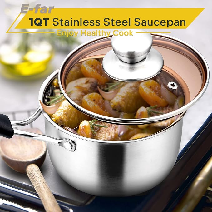 E-far 1 Quart Saucepan with Lid, Stainless Steel Small Sauce Pot with Glass Lid for Cooking, Easy Clean & Rust Free, Dishwasher Safe