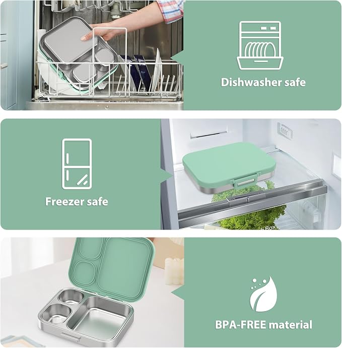 Pawtong Stainless Steel Bento Lunch Box for Kids | 3-Compartment Lunch Box Container Kids | 100% Leakproof, Eco-Friendly, Perfect Portion Control for Kids&Adult Healthy Meals (Green)
