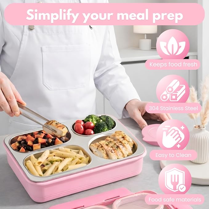 Homaze Kids Adults Stainless Steel Bento Box, 4-Compartment Metal Lunch Box