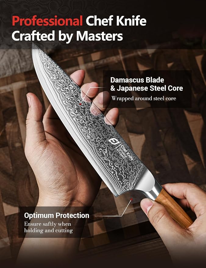 Damascus Chef Knife in Japanese Steel, 67-Layers Damascus Kitchen Knife with Wooden Gift Box and Original Olive Wood Handle, Cooking Knives for Home Kitchen Gift Idea