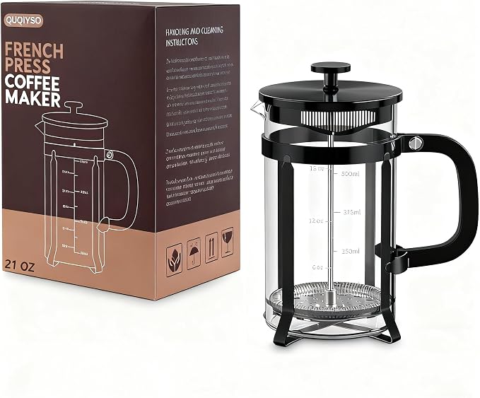 QUQIYSO French Press Coffee Maker 21oz,Borosilicate Glass Coffee Press | Thickened Glass Stainless Steel Coffee French Press,Easy to Clean,4 Filter Suitable for Kitchen Party Camping Gifts(Black)