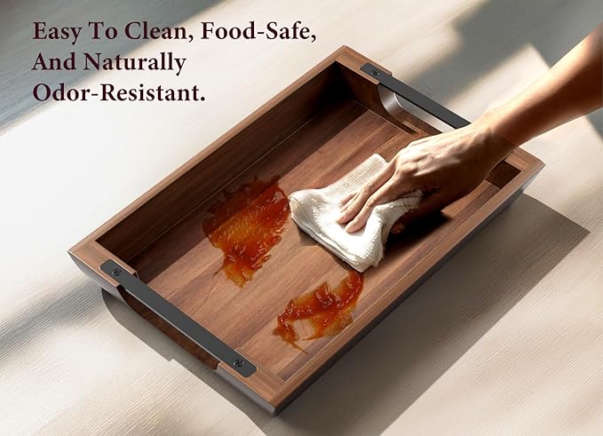 Acacia Wood Serving Tray, 15×10in Tray for Ottoman, Space-Saving | Coffee Tray with Metal Handles, Rustic Wooden Breakfast and Drink Tray, Perfect for Sofa Arms, Bedside Tables, or Office Desk