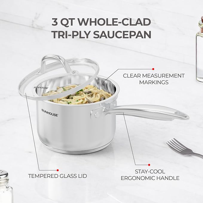 SUNHOUSE 3 QT Stainless Steel Saucepan with Lid, 3-Ply Small Sauce Pot | 18/10 Stainless Steel Pot For Cooking - Induction Compatible Milk Pan - PFOA Free, Oven & Dishwasher Safe Sauce Pan