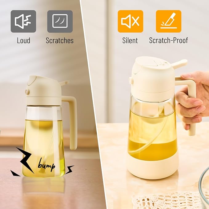 PARACITY Oil Sprayer for Cooking, 2 in 1 Oil Dispenser Bottle, 2-Pack White | Each 16 oz glass bottle has a wide mouth and silicone bottom for spraying or pouring oil during cooking, BBQs and salads