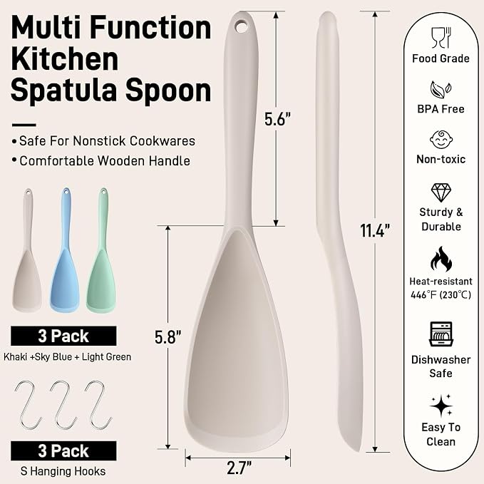 3 PACK Silicone Cooking Spatula & Spoon for Nonstick Cookware, BPA-Free | Multifunction Spoonula for Baking, Cooking, Serving, Mixing, Stirring, Scoop, Scrape - One-Piece Formed, Dishwasher Safe