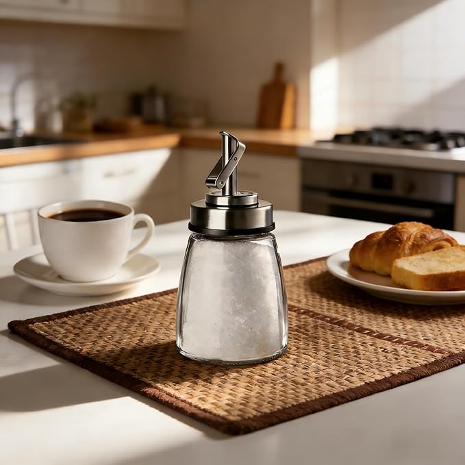 Glass Sugar Jar, Sugar Container Sugar Dispenser with Pour Spout, 6oz Glass Jar with Stainless Steel Lid, Multi-Use Sugar Bowl Sugar Shaker Sugar Container for Coffee Bar