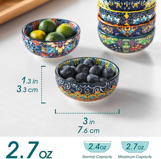vancasso SIMI 2.7 Oz Ceramic Dipping Bowls Set of 6, Bohemian Sauce Bowls | For Soy Sauce, Sushi, Dips, and Condiments, Microwave and Dishwasher Safe, 3 Inch Mini Dishes, Bohemian Design
