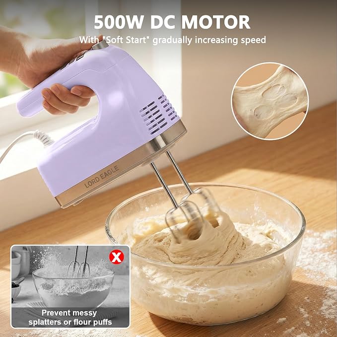 Lord Eagle 9-Speed Digital Hand Mixer Electric Handheld, 500W DC Motor | Kitchen Mixer for Cake Baking, Lightweight Egg Beaters with Stain-resistant & Waterproof Storage Bag & 6 Accessories, Purple
