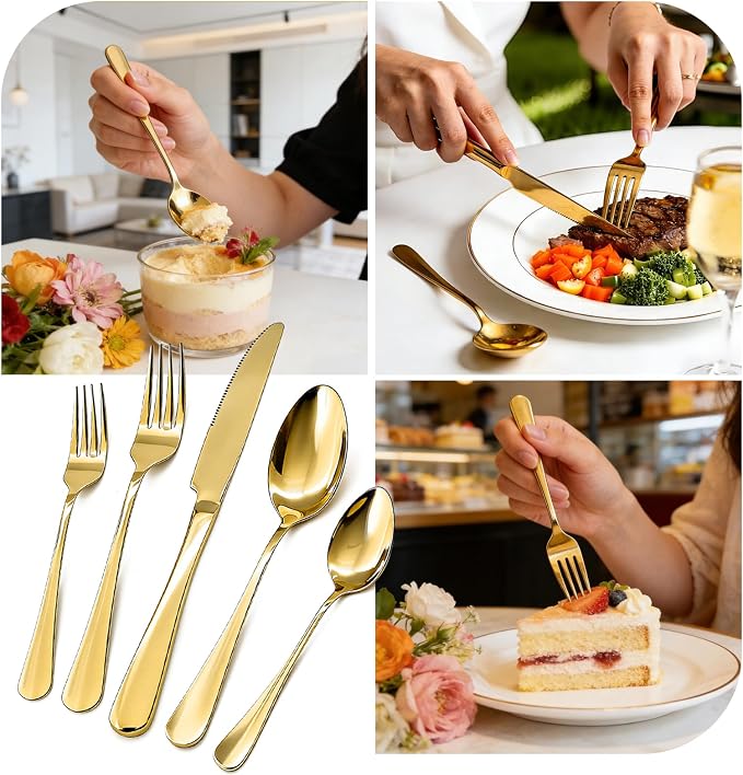 20 Piece Silverware Set, Kitchen Utensils Set for Restaurant & Home, Stainless Steel Cutlery Set, Flatware Set include Forks, Knives, Spoons, Gold