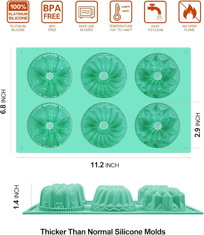 HUAKENER 2 Pcs Mini Fluted Cake Pan, 6-Cavity Fluted Tube Cake Pan | Non-stick Silicone Baking Mold for Cupcakes, Donuts, Cornbread, Brownies, Jellies (BPA-Free)