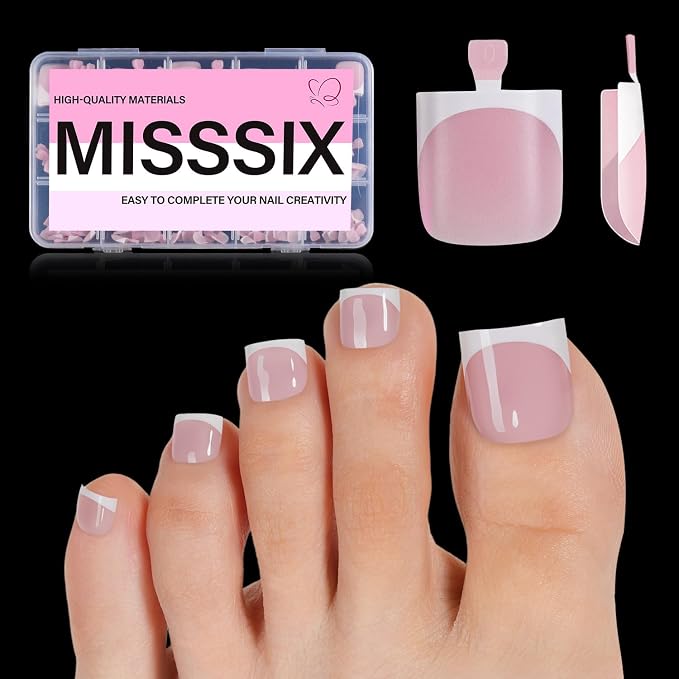 Misssix Press on Toenails Short, French Tip Toe Nails Square, Pink | 150pcs Soft Gel False Toenail, Acrylic Soak off Fake Toe Nails for Women Nail Art DIY 15 Sizes