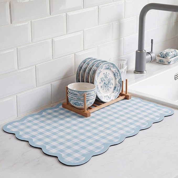 Blue Gray Scalloped Gingham Coffee Mat 12" x 20" | Absorbent Bar Mat Gingham Espresso Matt with Non Slip Rubber Backing for Coffee Countertops
